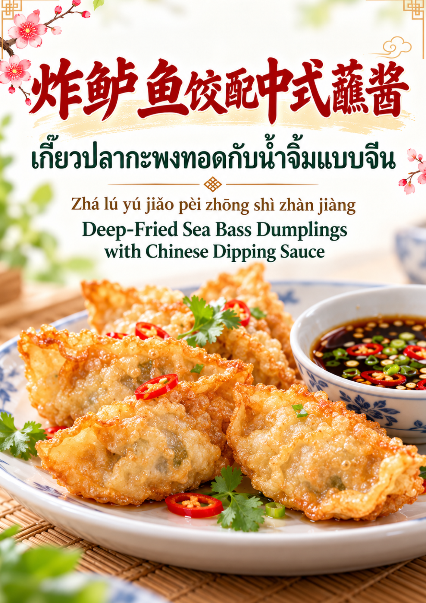 Deep Fried Sea Bass Dumplings with Chinese Dipping Sauce เกี๊ยวปลากะพงทอดกับน้ำจิ้มแบบจีน