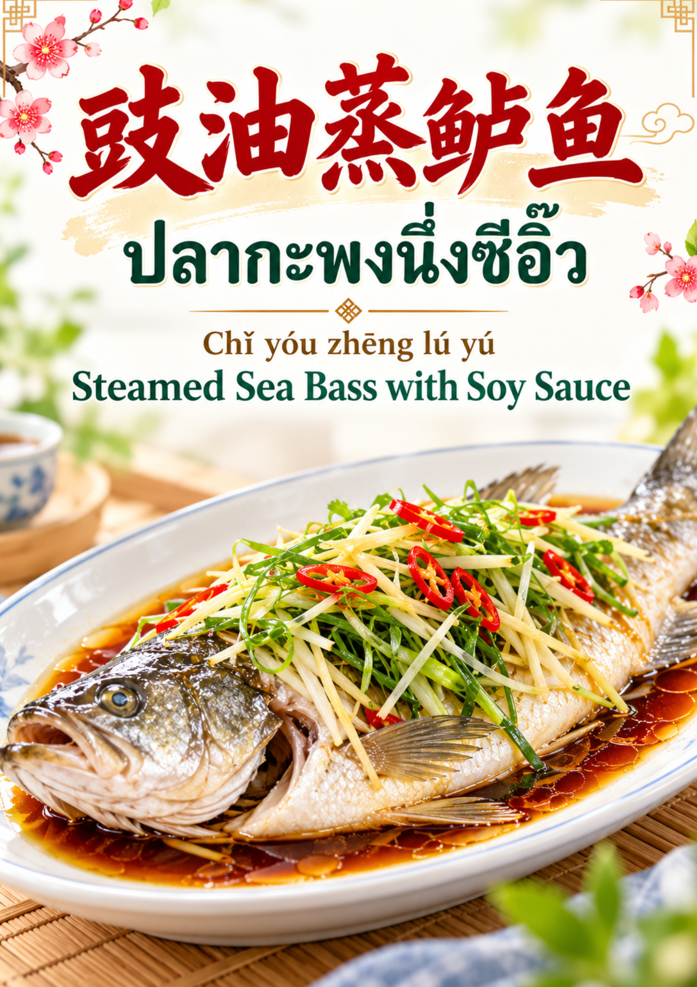 Steamed Sea Bass with Soy Sauce ปลากะพงนึ่งซีอิ๊ว